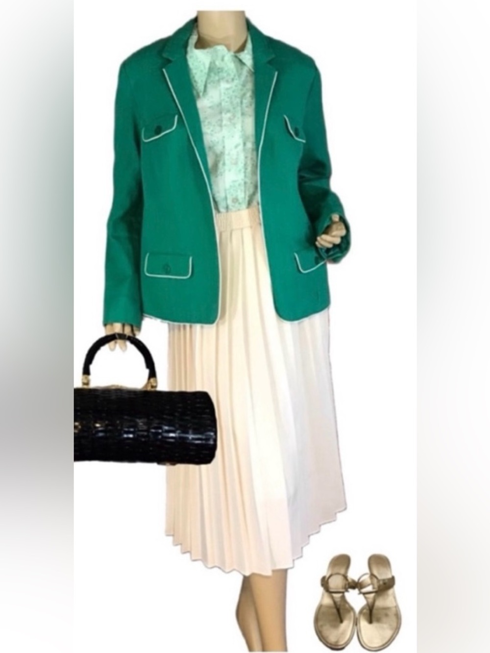 COLDWATER CREEK TEAL GREEN W/WHITE TRIM OPEN-FRONT BLAZER (14)